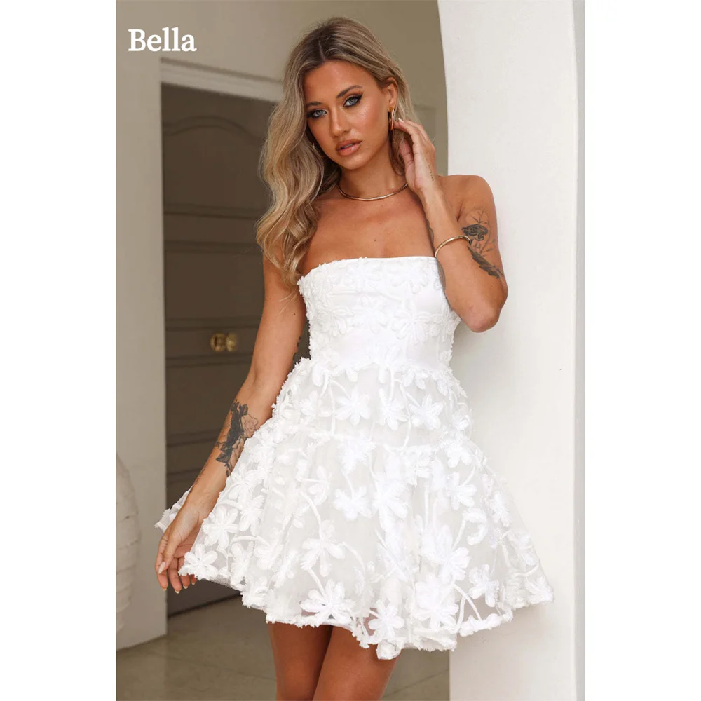 Mini vestido sem alças Bella White, Vestido bordado de renda, Vestido elegante sem mangas