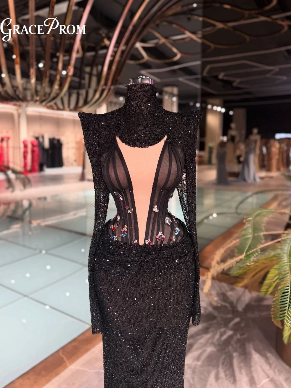 

Edgy Black Beaded Evening Gown 2026 Radiant Structured High Neck And Sheer Cutout Party Dress For Wedding Guests فساتين سهرة