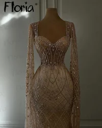 Vestido champagne feminino, manga capa, vestido de festa de casamento, vestido de noivado frisado, moda Dubai, luxo, 2024