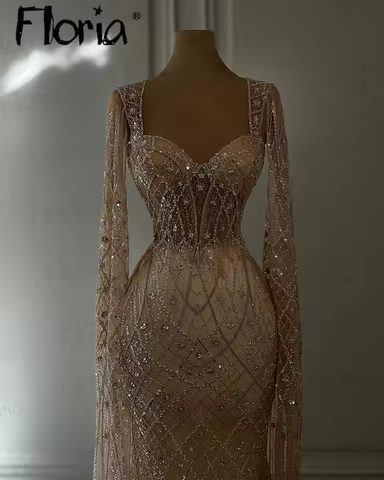 Luxury Fashion Champagne Evening Dress Cape Sleeve Customized Women Wedding Party Gown Beaded Engagement Dress Vestidos De Noche