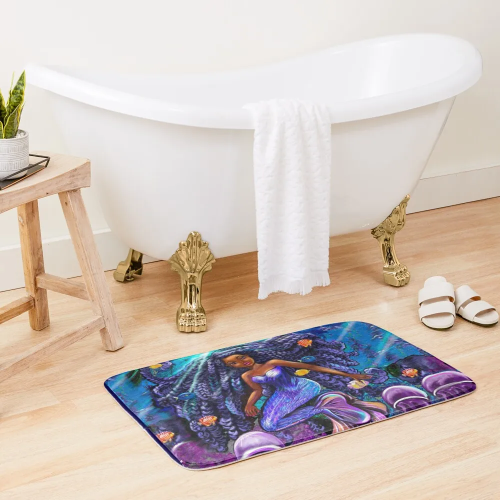 

mermaid underwater with flowing shimmering blue black braids 2 fish and jelly fish , brown eyes curly Afro hair and car Bath Mat