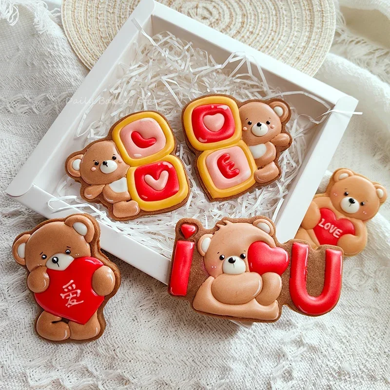 Urso dos desenhos animados molde de biscoito dia dos namorados festa de casamento amor coração urso em forma cortador de biscoito geada estênceis de gravação de biscoito