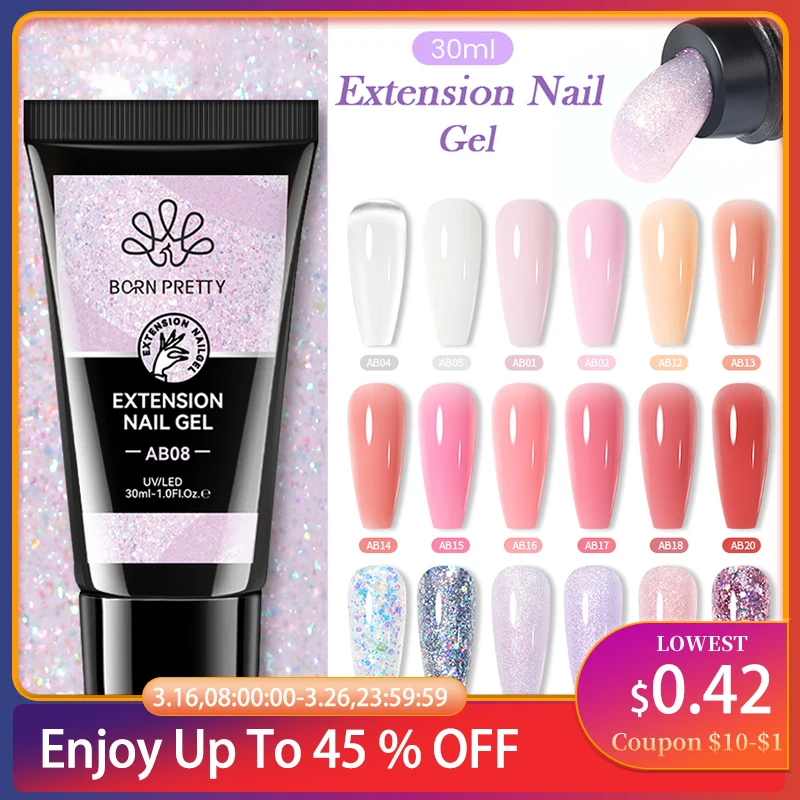 BORN PRETTY 30ml Glitter Acrylic Gel Finger Extension Nail Polish Silver Pink Extension Gel Polish Soak Off Nail Slip Solution