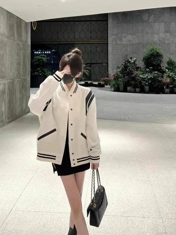 

Color Blo Baseball Jaet Women's Winter Loose Slim Fit Casual Long Sve Coat Street Sle Top High Sensation Baseball Coat