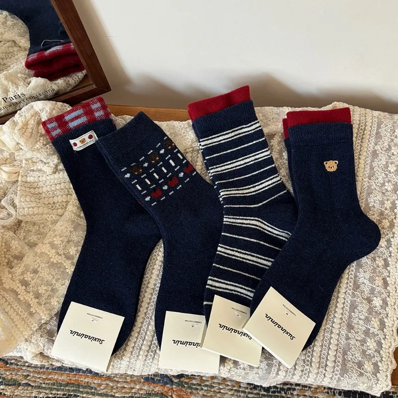 

5 Pairs Women Spring Autumn Winter Red Blue Short Socks Stripes Thick Thermal Socks with Print Women's Socks Set High Quality