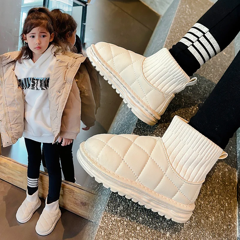 2024 Winter Children's High-top Cotton Shoes for Big Children, Boys' Slip-on Mid-calf Boots, Girls' Fashionable Warm Snow Boots