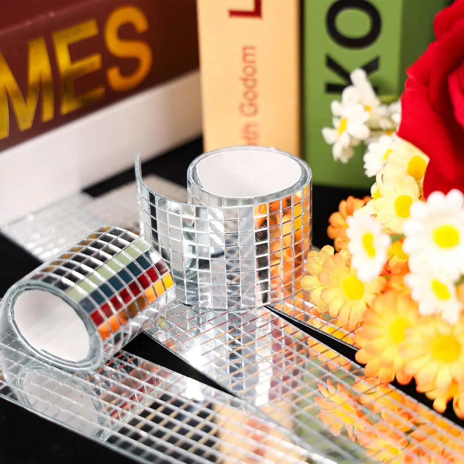 1Roll 1960 PCS Self Adhesive Mirror Mosaics Sheets, 5 x 5 mm Silver Mirrors Mosaic Square Glass for Craft,Home Decorations