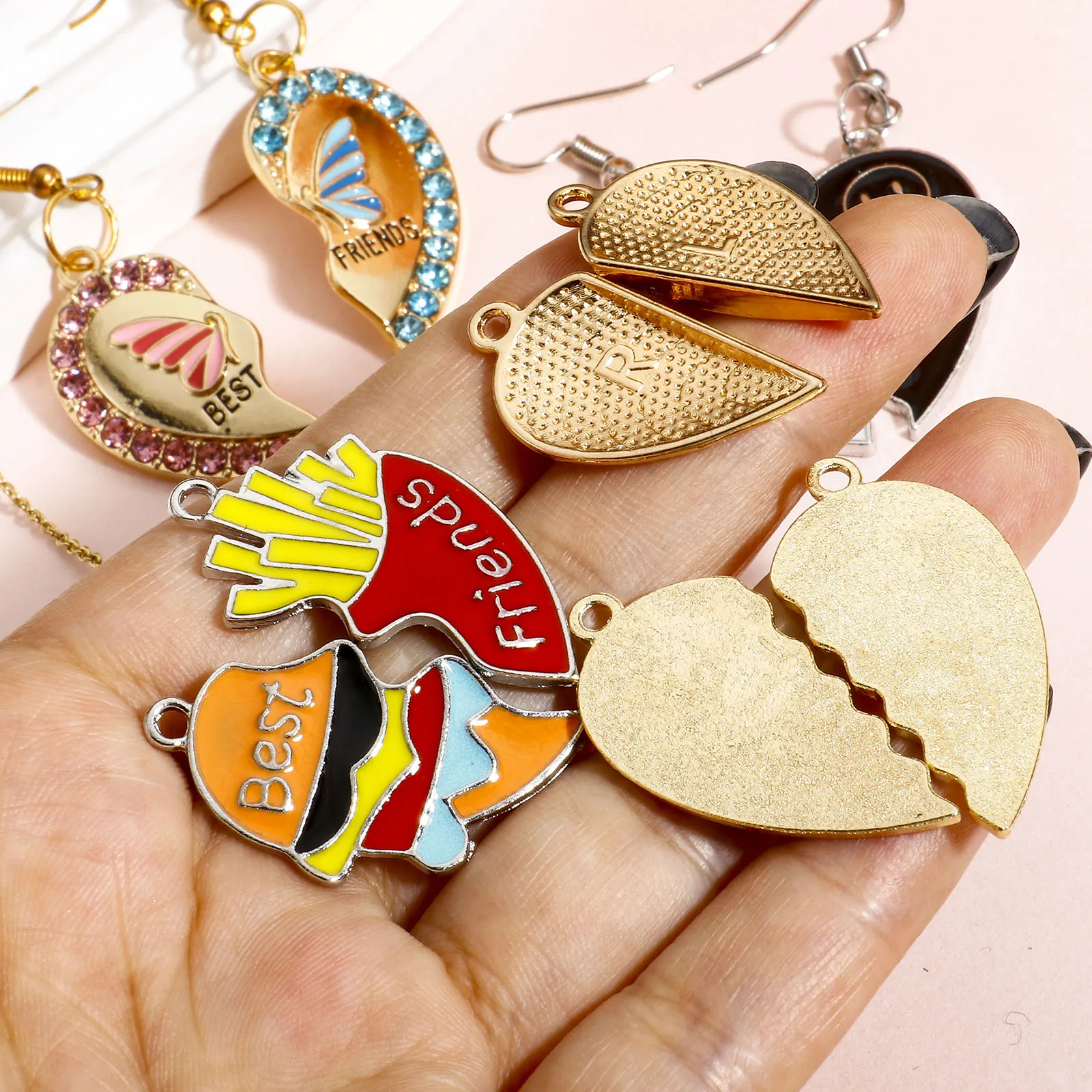 5Sets New Best Friends Pendants Gold Color Broken Heart Multicolor Enamel Rhinestone Charms DIY Necklace Earrings Women Jewelry