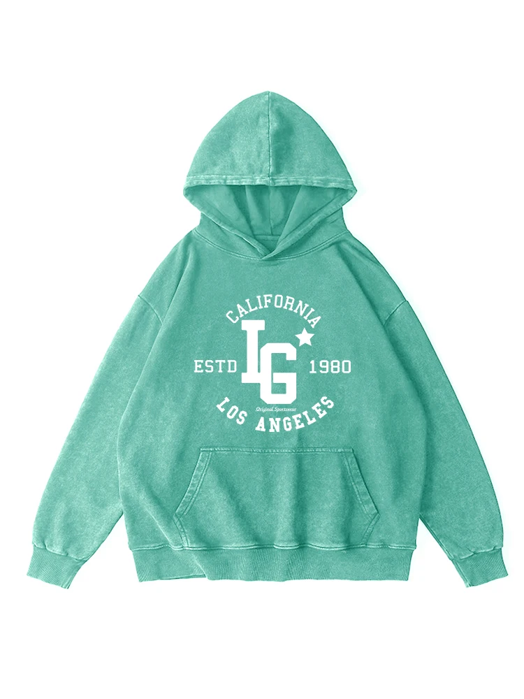 Sudadera con capucha lavada de algodón con estampado de Los Ángeles de California para mujer, Tops versátiles informales de moda de otoño con capucha Retro desgastados cálidos para mujer