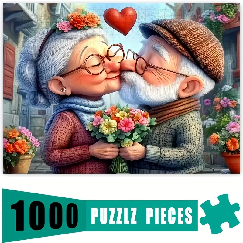 1000pcs Grandparents' Love Puzzle Game - Romantic Elderly Couple'S Kiss with Floral Background, DIY Fun & Family Interactive A