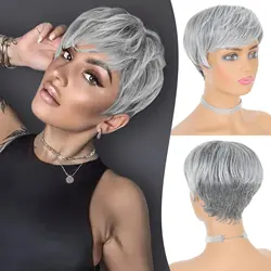 Pixie Cut Peruki Syntetyczne Krótkie Ombre Szare Fryzura Pixie Peruka z Grzywką Bezklejowa Warstwowa Peruka Falista Szaro-Czarne Peruki dla Kobiet