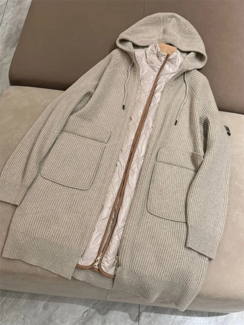 女性用ノースリーブフード付きカーディガンセット,スタンドカラー,グースダウンベスト,長袖,カシミア,2ピース