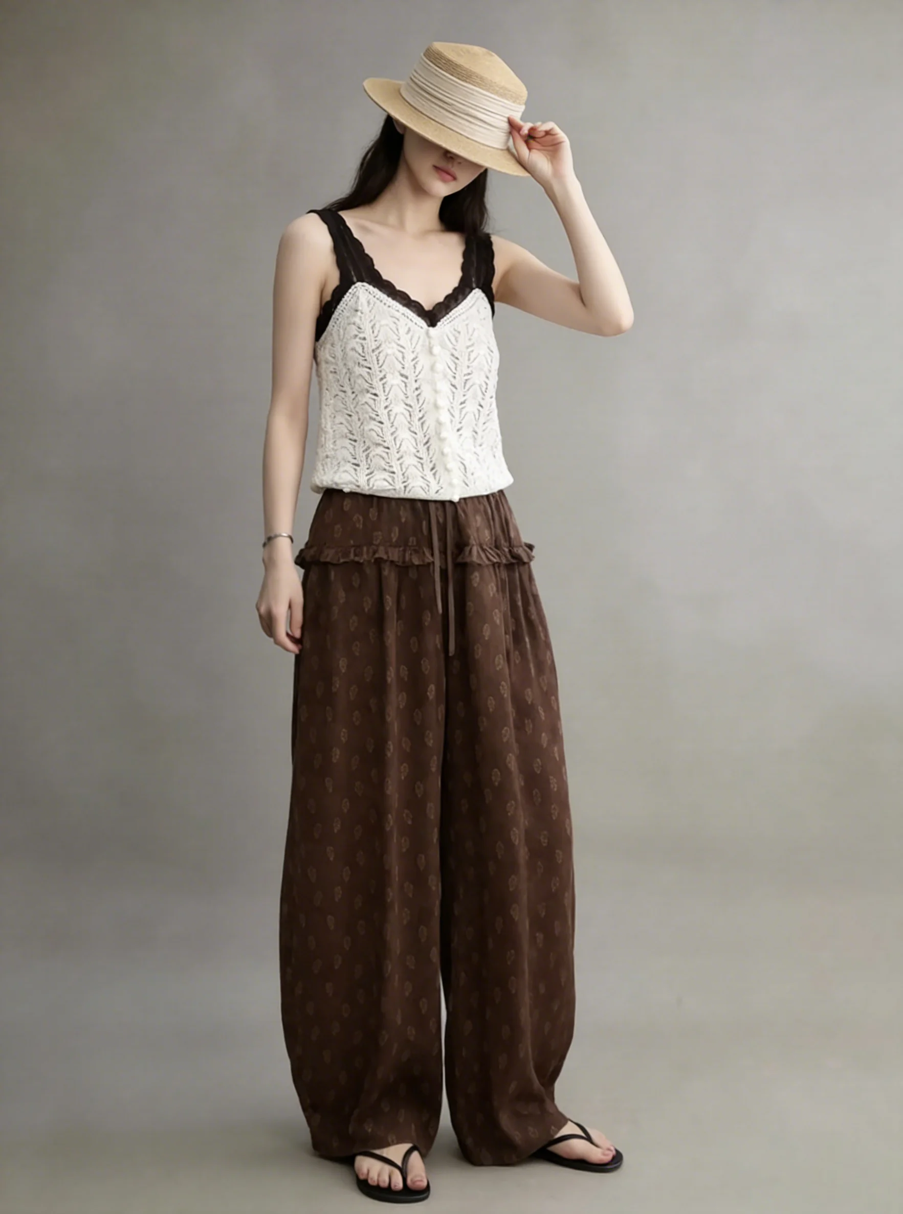 

Knitted Sleeveless Belted Long Pants Fashionable Set High Waist Loose Fit Casual Style V-Neck Two-Piece Suit for Women