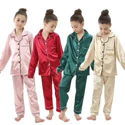 Teen Girl Clothes Summer Satin Silk Pajamas Sets Boy Sleepwear Set Long/Short Sleeve Green Gold Children Pyjamas Night Wear Suit