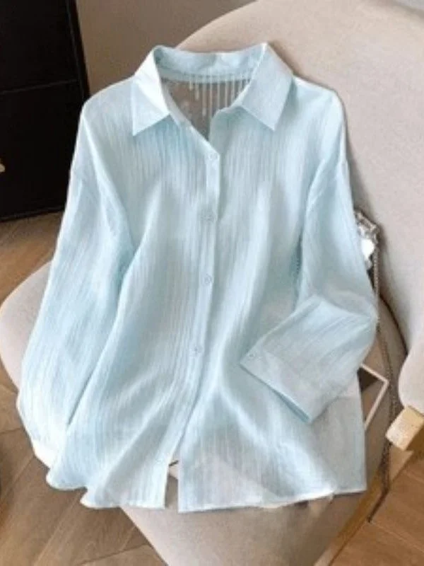 

White Lace Hollow out Loose Long Sve Sun Protection irt Women's Summer Thin Outerwear Casual Sle Regular Fit irt