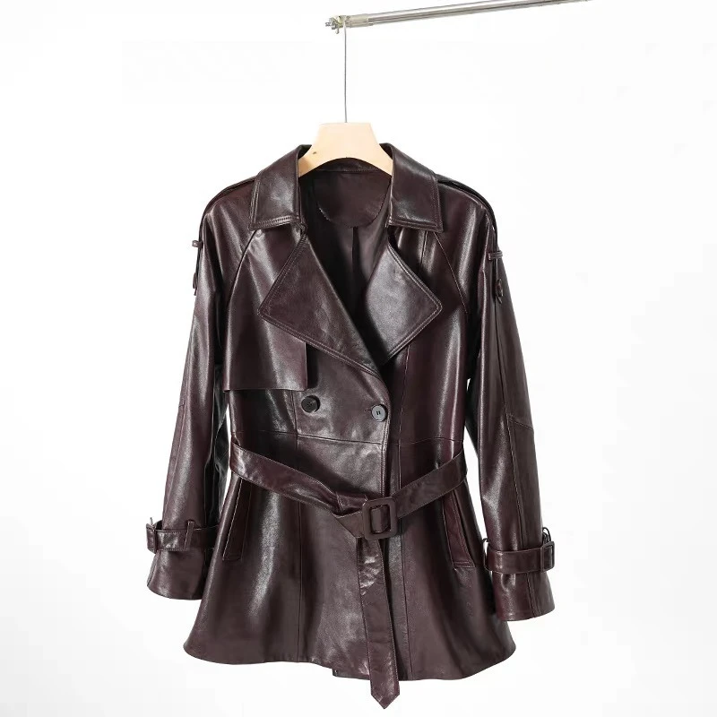 Coupe-vent classique en cuir bordeaux pour femmes, Trench-Coat mi-long en peau de mouton avec ceinture, hiver 2025, 100%