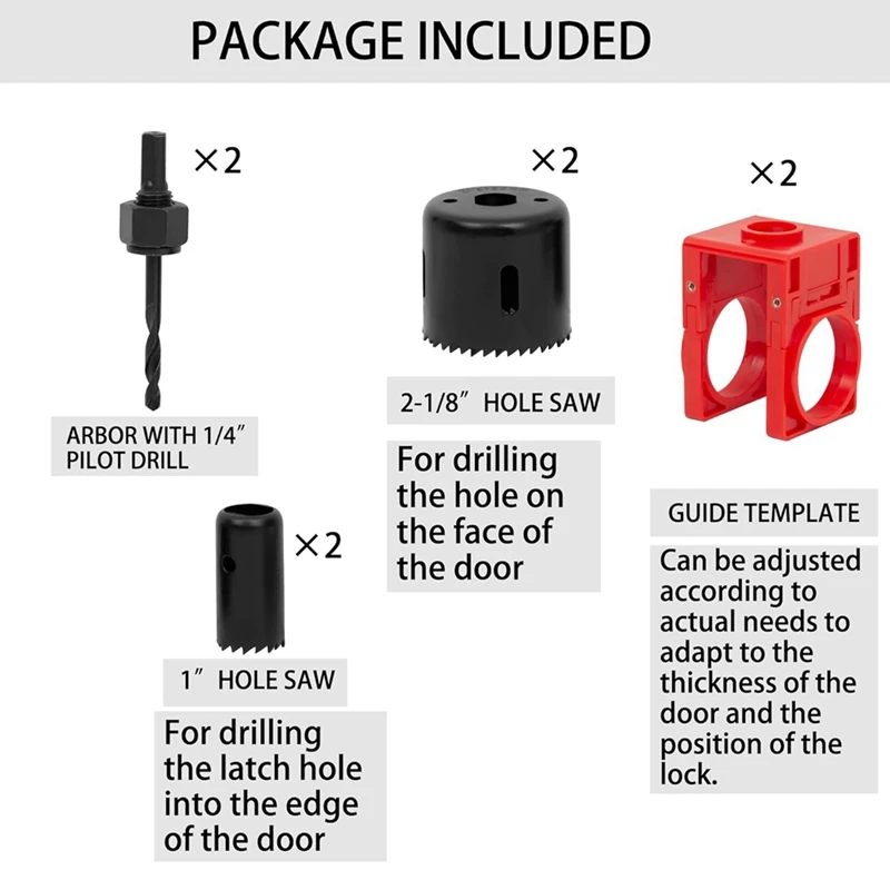 Kit d'installation de serrure de porte, ensemble de scie cloche pour portes en bois avec gabarit de guidage, 2 ensembles