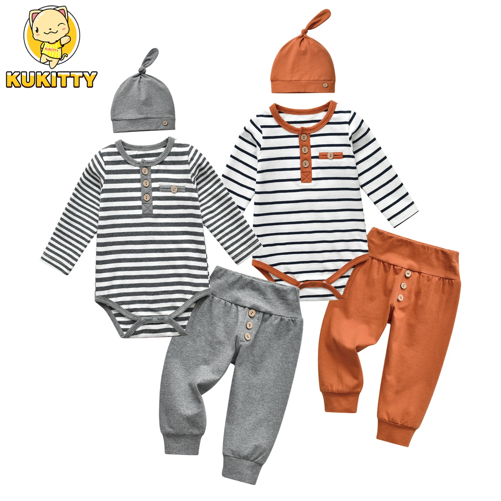 New Fashion Newborn infant Baby Boy Long Sleeve 3PCS Clothes Set Striped Romper Bodysuit Top + Pants + Cap Outfit for Boys