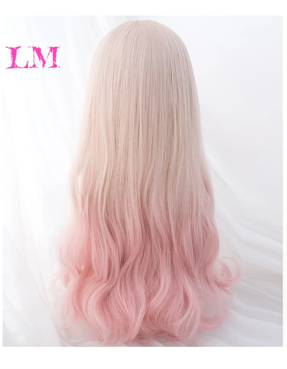 LM Blonde Unicorn Synthetic Ombre Mixed Pink Blond Long Wavy Wigs with Bangs Cosplay Party UseHeat Resistant Fiber for Women