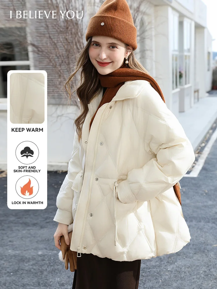 I BELIEVE YOU Women Winter Padded Jacket 2025 White French Style Quilted Cotton-padded Warm Waist-cinching Thick Coat 2254156176