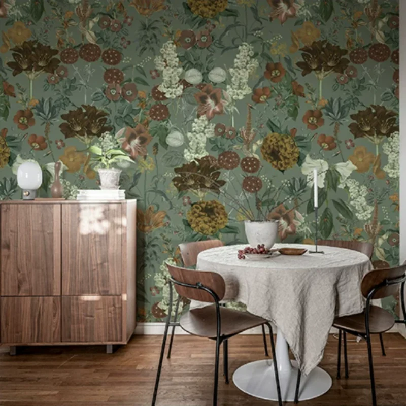 Custom Vintage green background floral mural oil painting French retro hand-painted texture light luxury living room wallpaper