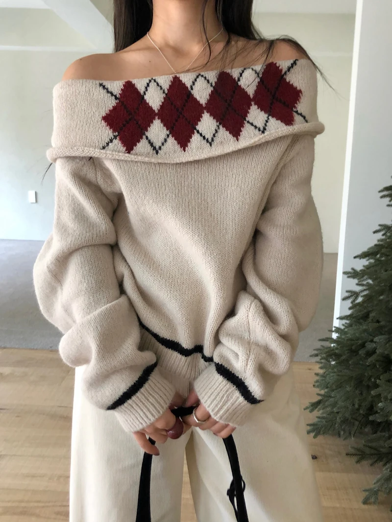 

Корейский элегантный свитер Argyle, женский Harajuku, укороченный вязаный пуловер с разрезом на шее, сексуальные трикотажные изделия, зимние модные джемперы, топы