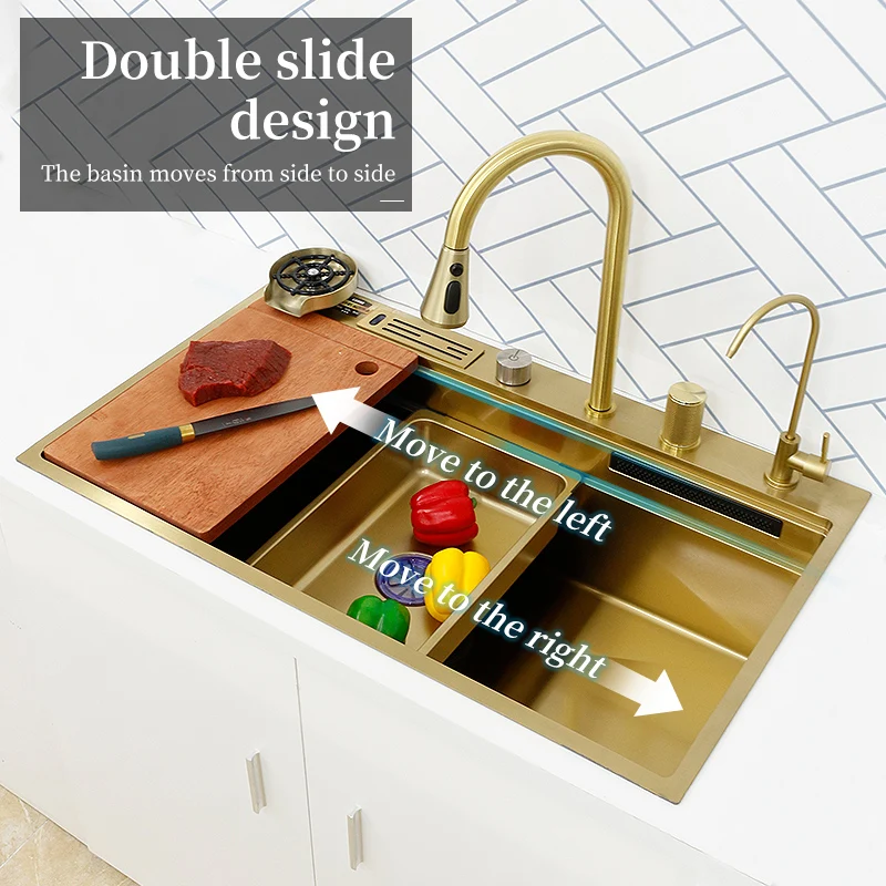 304 Stainless Steel  Waterfall Kitchen Sink Gold Modern Multifuctional Large Sink Above Counter Apron Front Installation