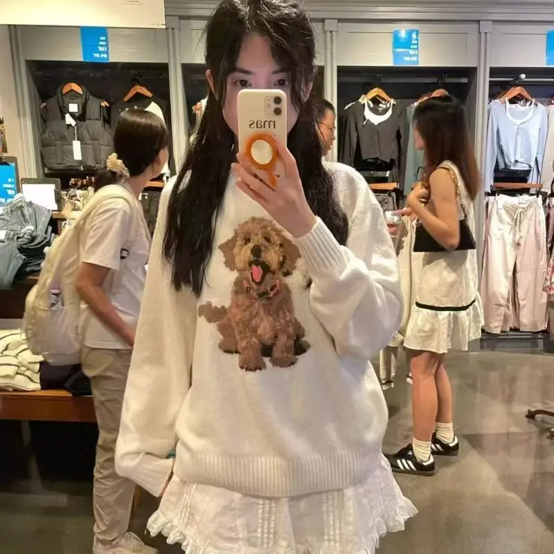 Y2k Kawaii Cute Knitted Pullovers Women Korean Sweet Harajuku Dog Cartoon Print O-nek Loose Sweater Autumn Tops Mujer Jumper New