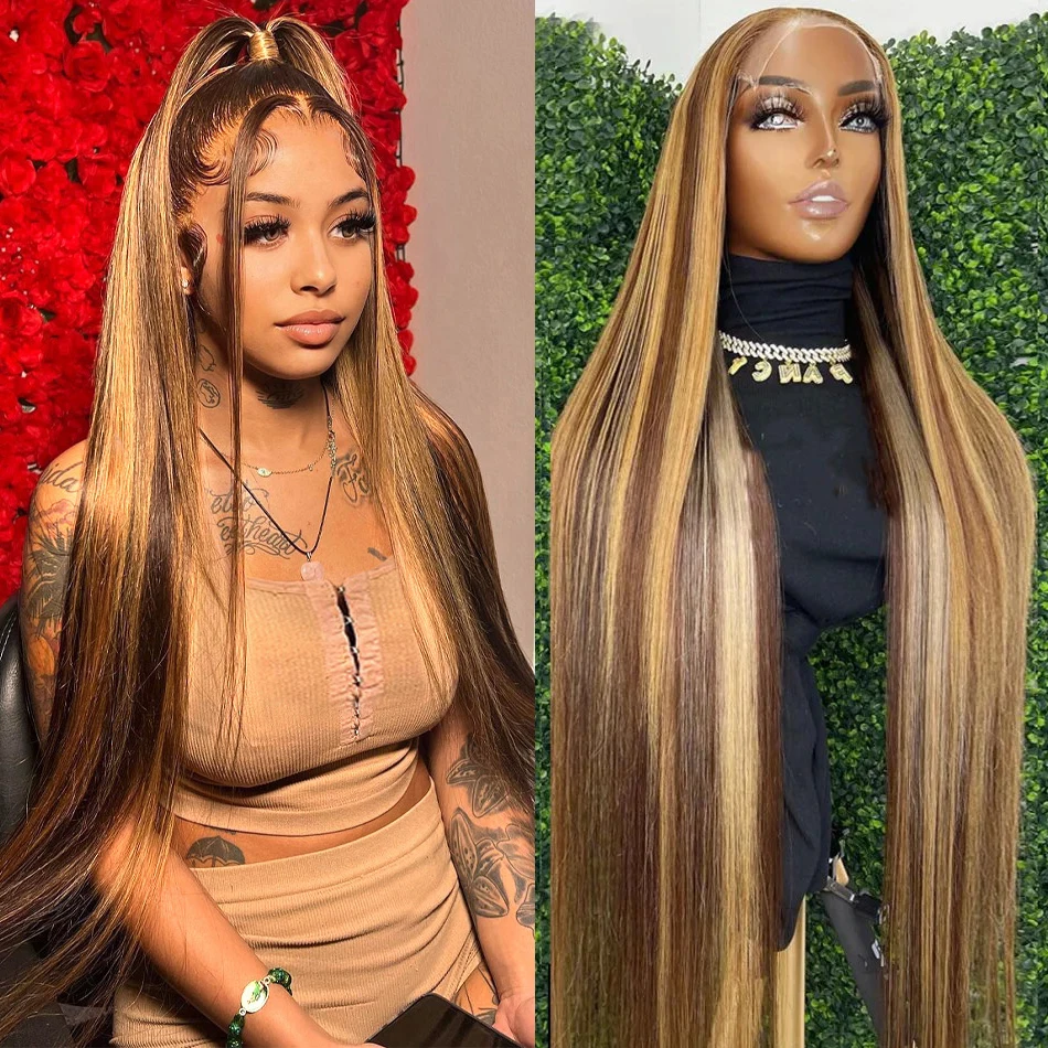 30 34 Inch 4/27 Highlight Ombre 13x4 HD Lace Front Wig Bone Straight 13x6 Lace Frontal Human Hair Wigs 250% Density Preplucked