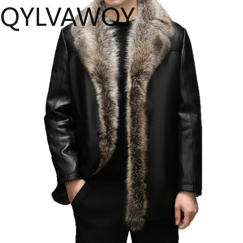 

Кожаная куртка QYLVAWOY из натуральной козьей кожи для мужчин, высококачественная куртка средней длины с воротником из норки, утепленная куртка из натуральной кожи для мужчин