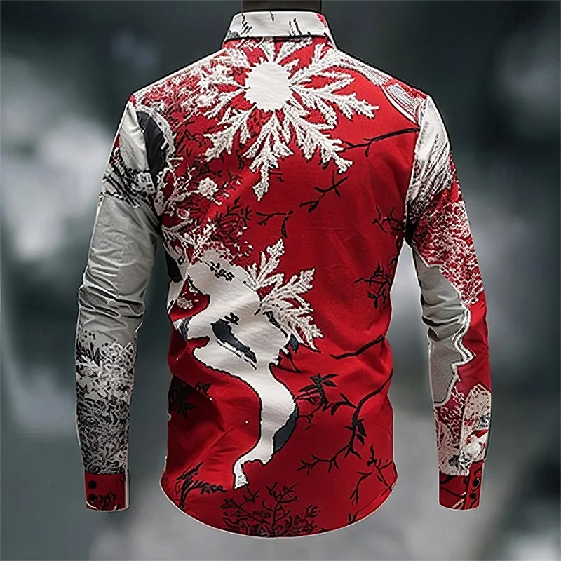 Christmas Casual Men\'s Button Shirt Long Sleeve Party Evening Everyday Autumn Winter Spring Summer Lapel Shirt 3D Printing Red