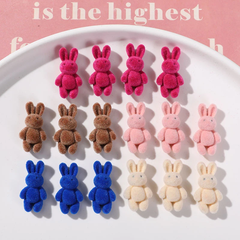 2PCS Double-sided Flocking Animals Rabbits Resin Dolls Half Hole Pendant DIY Jewelry Earring Keychain Pendant Accessories