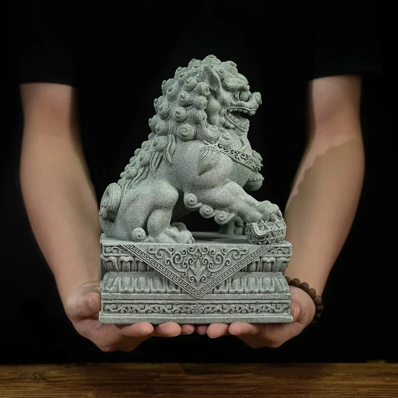 A pair of 25cm Chinese blue sand stone lions, Guochao ornament in front of the tomb, auspicious beast creative home living room
