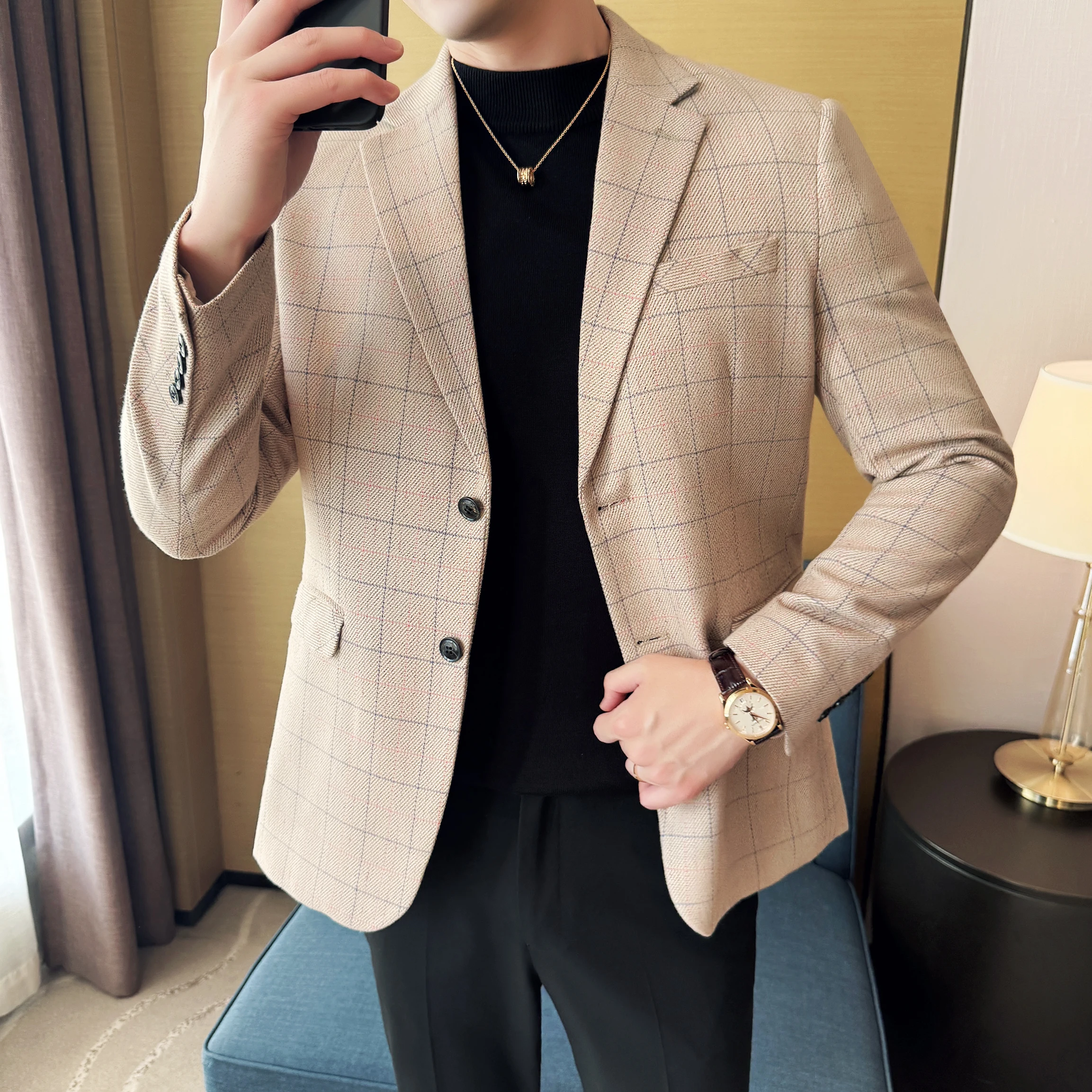 

Корейский клетчатый пиджак, мужские куртки высокого качества, деловая официальная одежда, приталенные мужские повседневные пиджаки, однобортный костюм, пальто, мужские