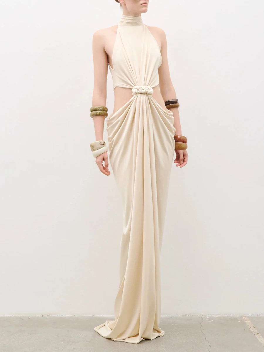 TWOTWINSTYLE Solid Hollow Out Spliced Knot Fashion Long Dresses for Women High Neck Sleeveless Patchwork Shirring Dress Female