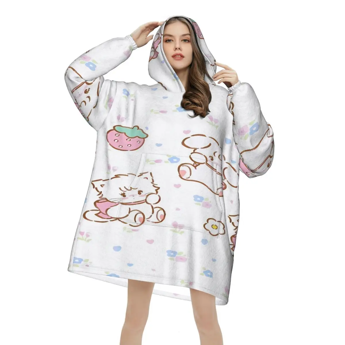 Pink Cartoon Mikko Mousse Blanket Hoodie Oversized Wearable Sweatshirt Blanket Warm Gifts for Women Girls Girlfriend
