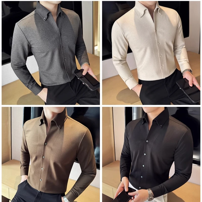 Camicia invernale in lana spessa, camicia casual di alta qualità con scollo a V da uomo senza cuciture, top da lavoro marrone
