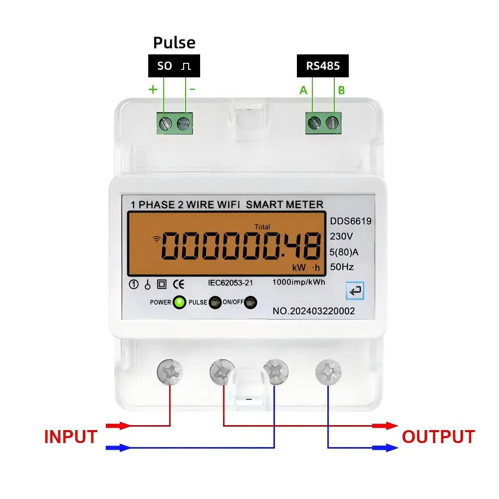 Tuya WiFi Smart Single Phase Energy Meter 5(80)A 5(100)A, Bi-Directional KWh Monitor Voltage Current Power Factor DIN Rail