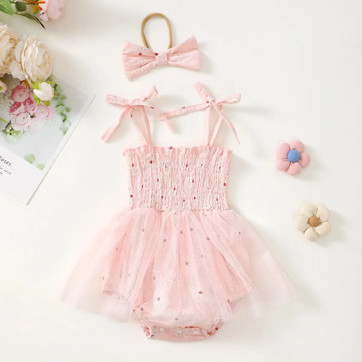 2PCS Summer Baby Girl Little Ruched Chrysanthemum Mesh Dress Princess Dress with Bow Headpiece