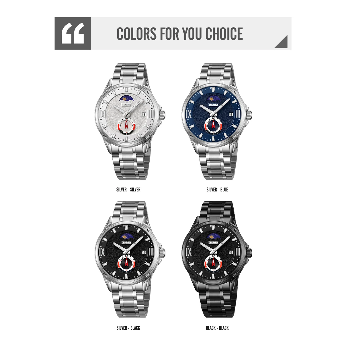 SKMEI นาฬิกาควอทซ์สแตนเลสสำหรับผู้ชาย, นาฬิกาข้อมือลำลองกันน้ำ