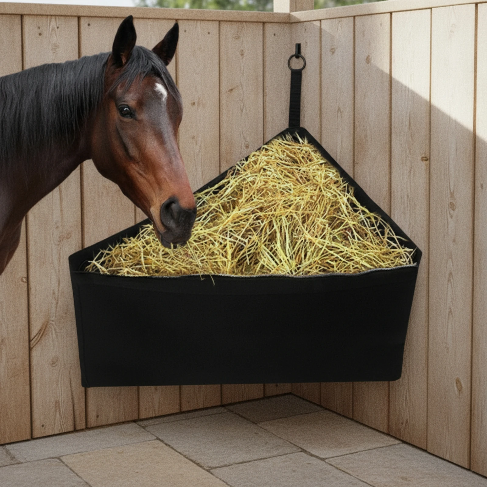Hay Bag with Adjustable Strap Triangular Hay Bag with Mesh Feeder Oxford Cloth Reinforced for Horses, Stables, Barns