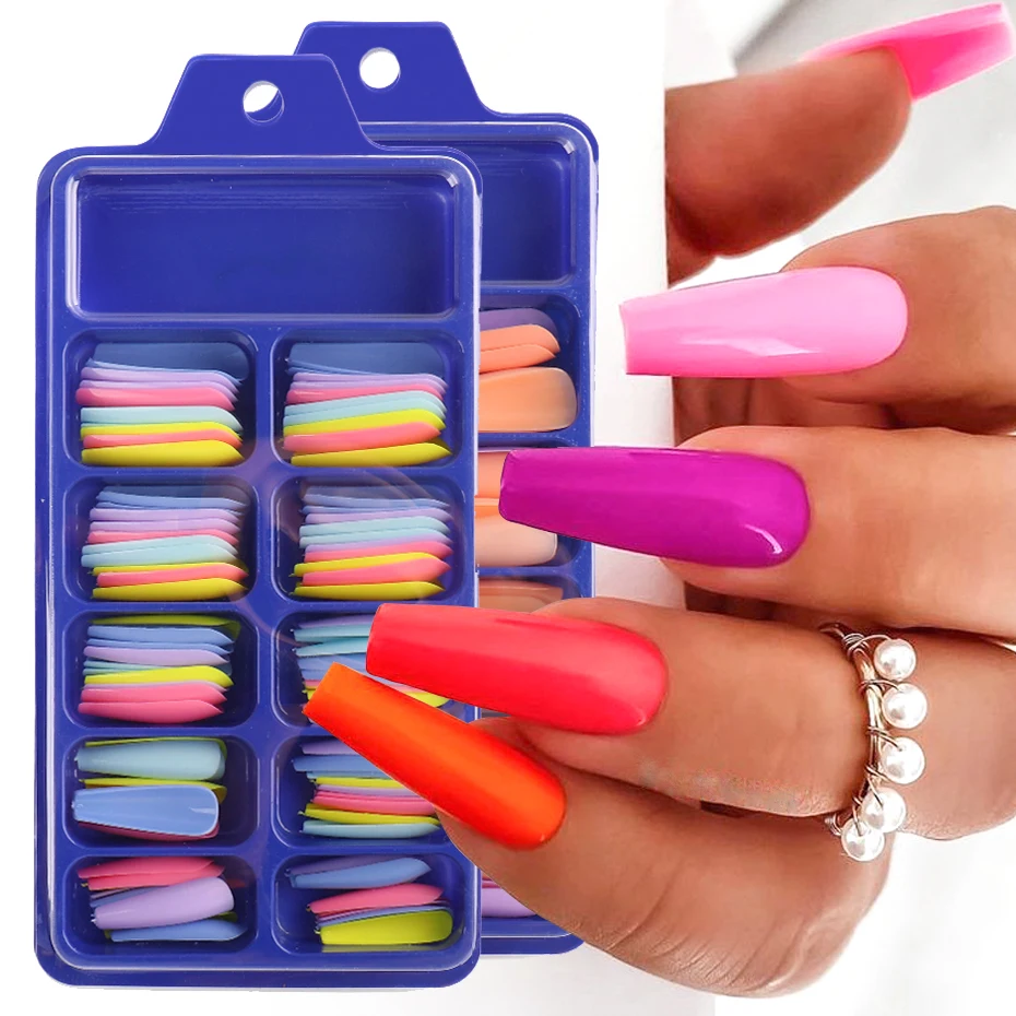 100pcs Coffin Design Fake Nails Art Tools Mix Neon Colors Ballerina False Nails Press On Full Fingernails Manicure Tips Supplies