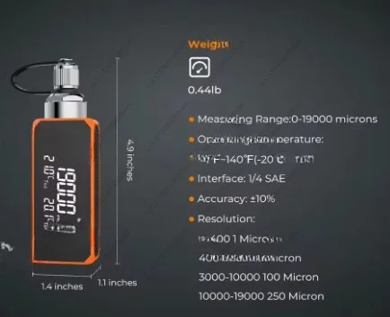 Mini Wireless Micron Meter 1 to 19,000 microns, Digital Vacuum Gauge for HVAC and Automotive 1/4