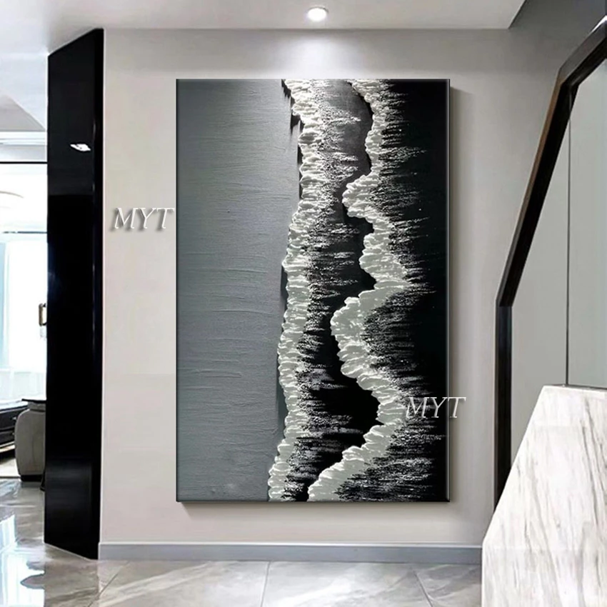 Hand-painted 3D Knife Black Acrylic Sea Wave Textured Abstract Oil Painting High Quality Showpiece For Home Decoration No Framed