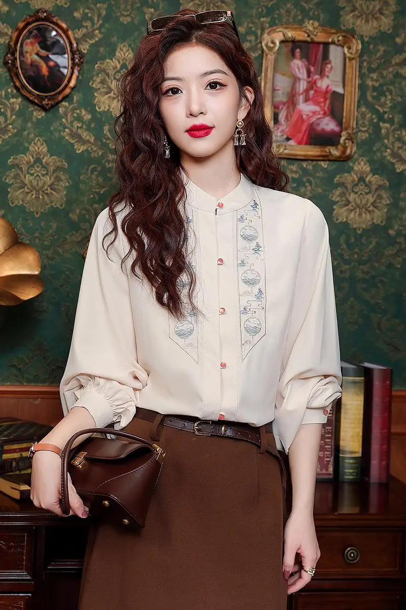 Fashion Long Sleeve Stand Collar Women Shirt New Embroidery Chiffon Shirt Blouse Women Tops Camisas Blusas Camisas De Mujer J852