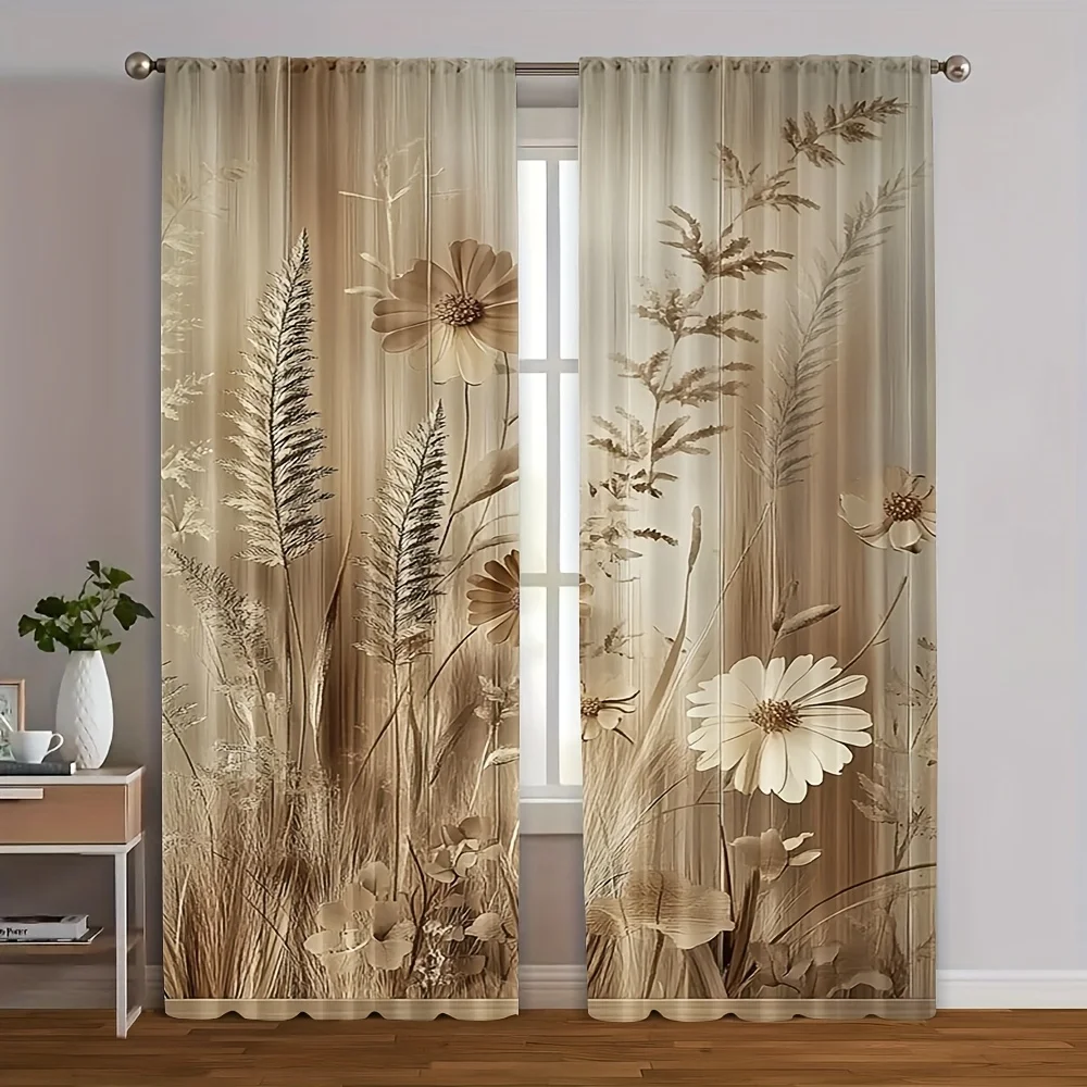 

2pcs Vintage Boho Jungle Leaf Art Sheer Curtains – Polyester for Bedroom & Living Room