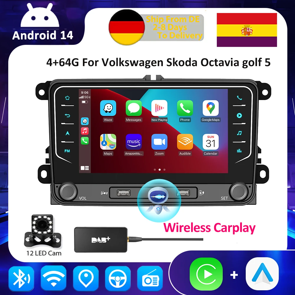 ESSGOO Android14 Wireless Carplay Autoradio Per Volkswagen Skoda Octavia golf 5 6 touran passat Auto Lettore Multimediale GPS WiFi