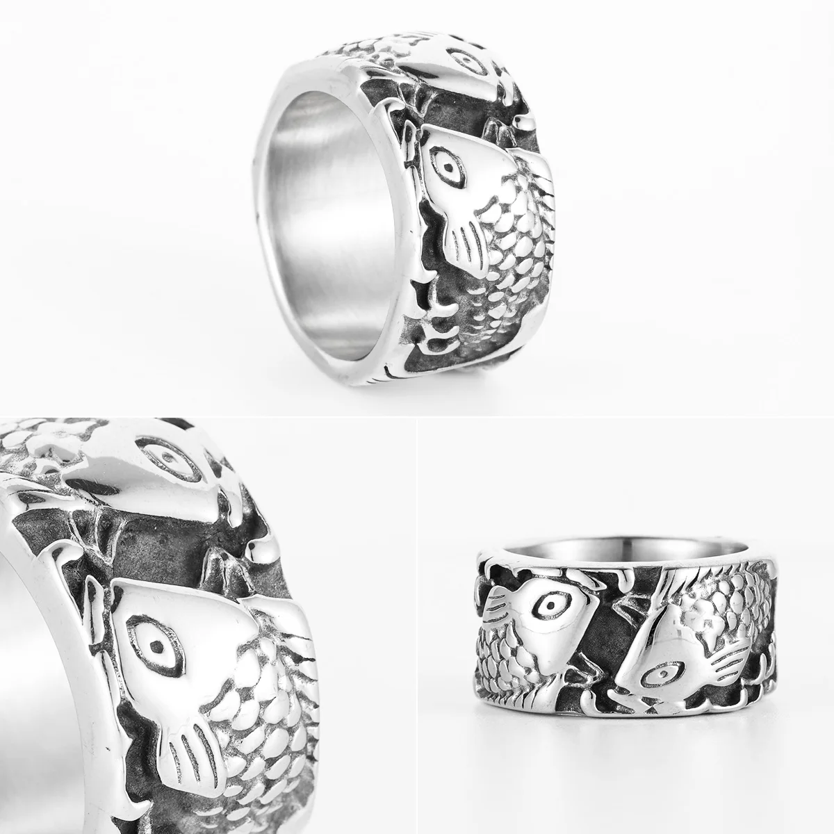 Relief Fish Animal Men Rings Stainless Steel Women Jewelry Punk Rock Vintage Cool Stuff Fashion Accessories Gift Wholesale