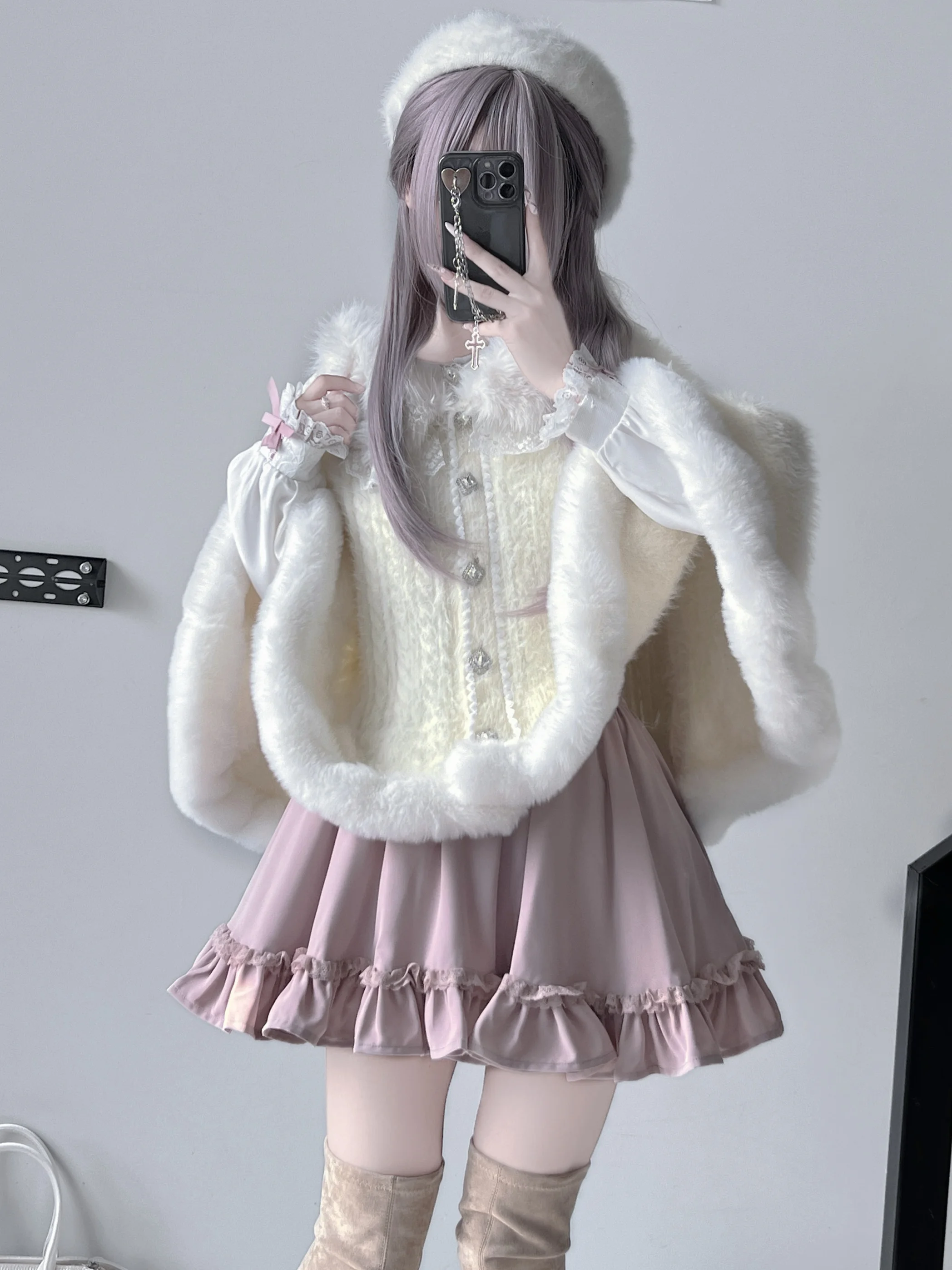 Japonais doux soeur hiver chérie pull Cape femme Production de masse Mine cravate douce Lolita arc strass Cape pour les femmes