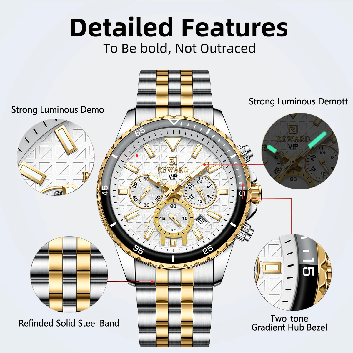 REWARD Men\'s Quartz Watches Stainless Steel Gold Luxury Wristwatch Clock Man Sport Watch